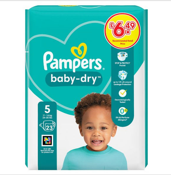 Pampers Baby-Dry Size 5, 23 Nappies, 11kg-16kg