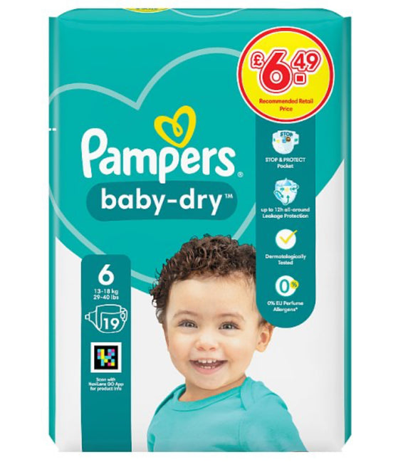 Pampers Baby-Dry Size 6, 19 Nappies, 13kg-18kg