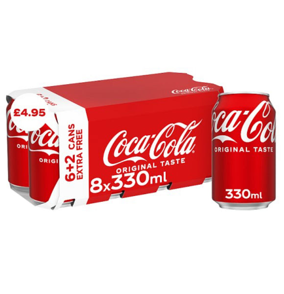 Coca-Cola Original Taste 8 x 330ml Cans (6 + 2 x 330ml Extra Free)