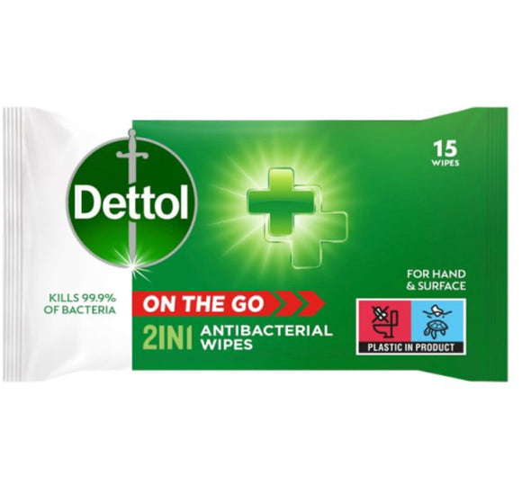 Dettol On the Go 2in1 Hand and Surface Antibacterial Wipes , 15 Wipes