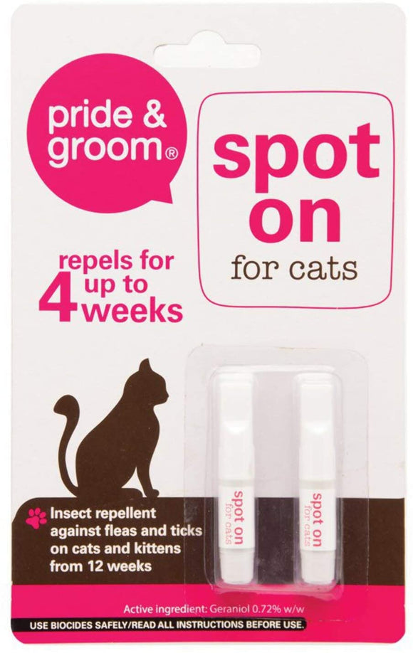 Pride & Groom Pack Of 2 Spot On For Cats Flea & Tick Treatment Repellent